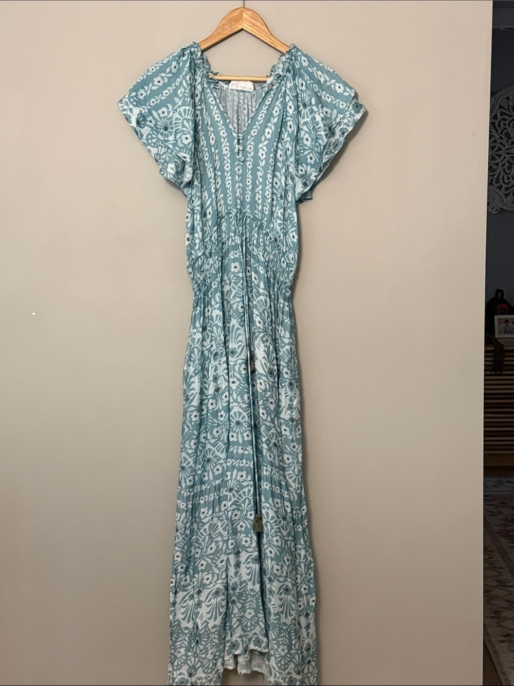 Omika Handmade in India Maxi Dress Sz XS Light Blue Floral Boho Keyhole Tassel